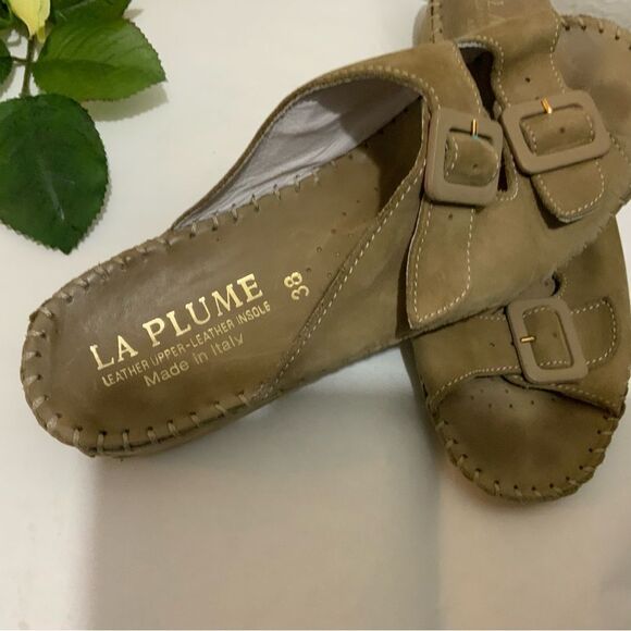 La Plume Tan  Leather Slide Wedge 2 Buckle Sandals Size 38 - Picture 5 of 11